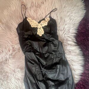 Vintage 1960s Gilead Black Satin Slip Dress w/ Lace Detail | Long Lingerie Dress